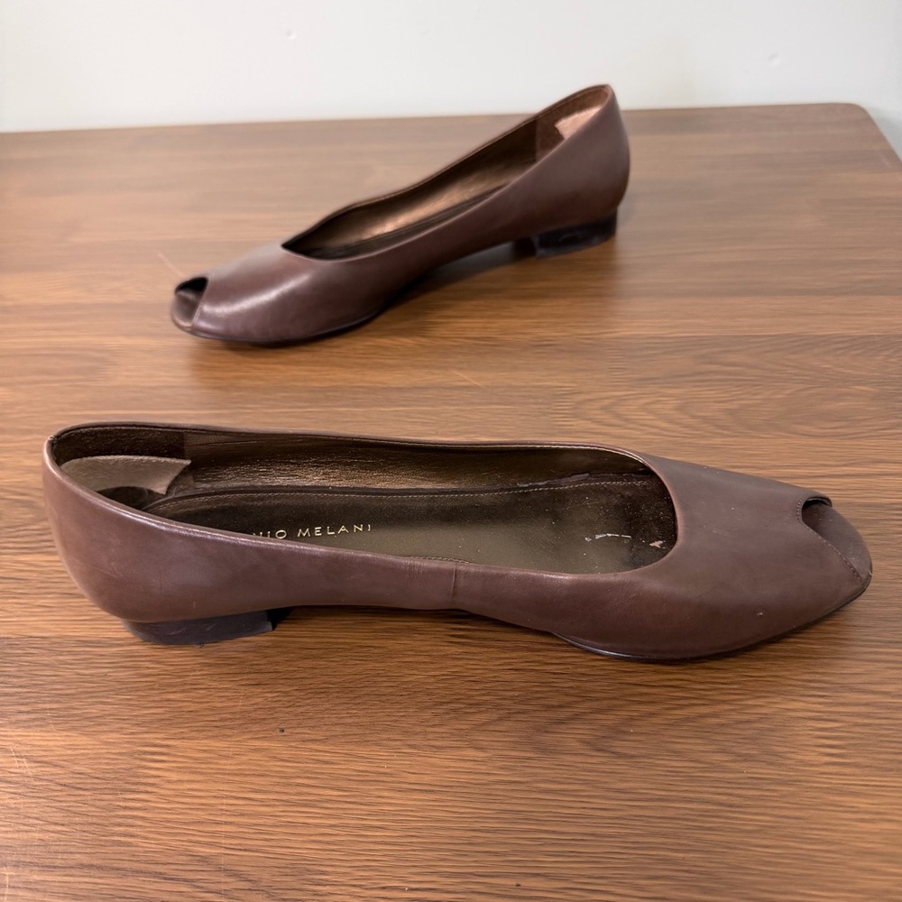 ANTONIO MELANI Dark Brown Peep-Toe Flats Size 9.5 - Picture 7 of 10